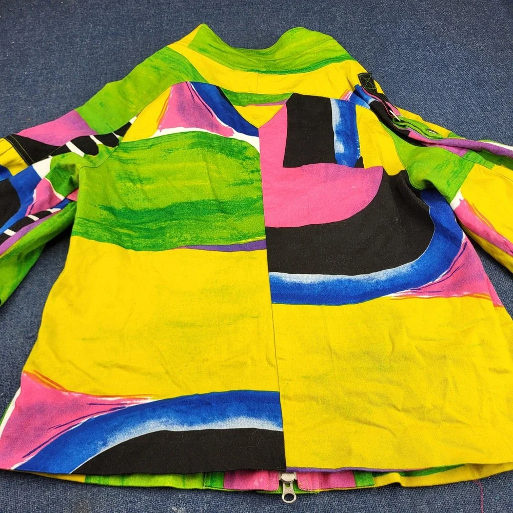 Berek Abstract Art Zip Up Jacket XL Yellow Green Rhinestone Bell Sleeve Cotton